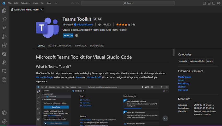 A captura de tela mostra como selecionar o Teams Toolkit no Visual Studio Code.